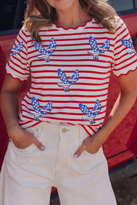 Rødstripete Patriotisk Ørn Paljettstripete T-skjorte