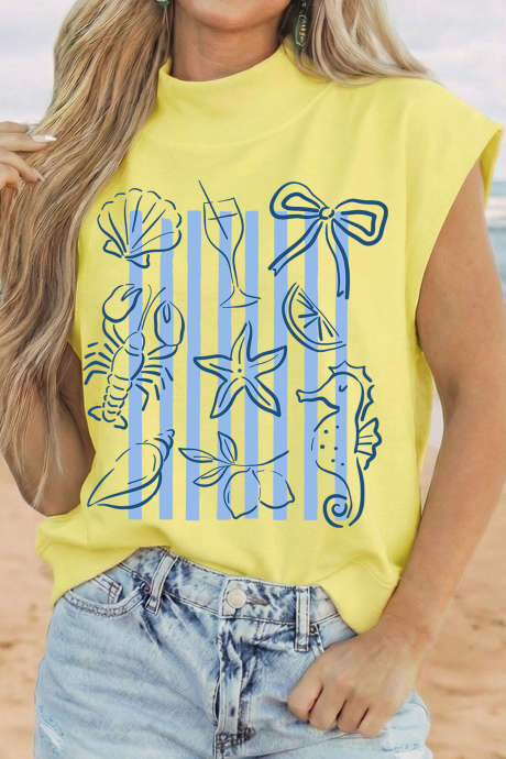 Gul Skjell Coquette Stripete Mønster Høy Hals Topp