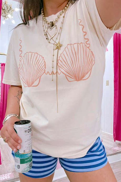 White Seashell Bikini Printed Casual Tee