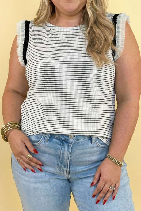 Black Stripe Organza Ruffled Trim Plus Size Tank Top
