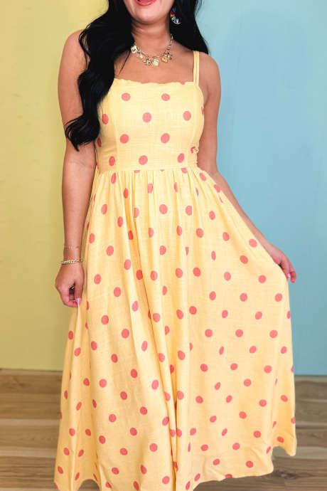 Yellow Tie Straps Polka Dot High Waist Midi Dress