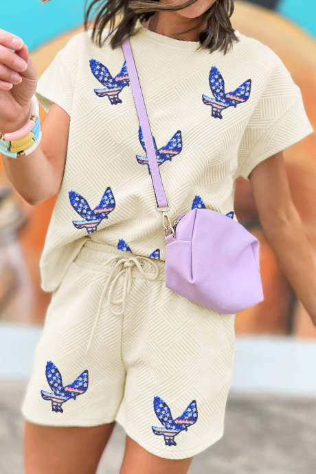 Aprikosfarget, stilig, teksturert, patriotisk, paljett- og ørngrafikkshortssett