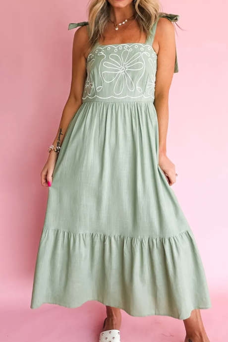 Clearly Aqua Floral Embroidered Bodice Knot Strap Maxi Dress