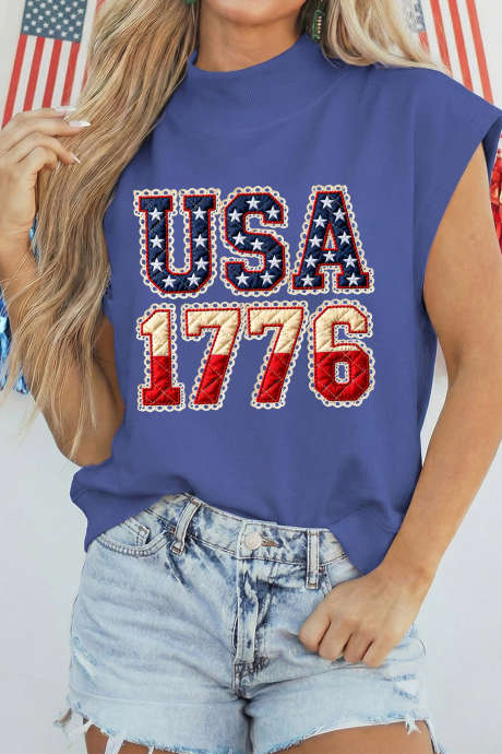 Himmelblå patriotiske USA 1776 grafisk muskel-T-skjorte med vintageflaggtrykk