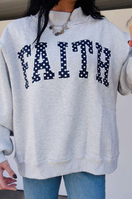 Light Grey Polka Dot Slogan High Neck Long Sleeve Sweatshirt Pullover