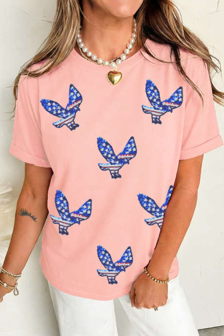 Rosa patriotisk paljett-ørn-t-skjorte med grafikk