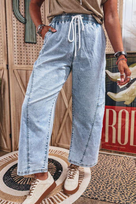 Beau Blue Lace-up Elastic Waist Casual Jeans