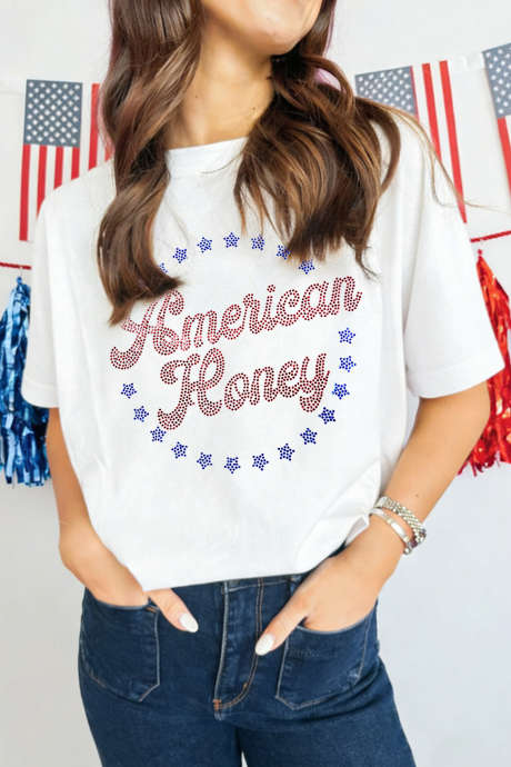 White Patriotic American Honey Rhinestone Graphic T-Shirt LC25232062-P1