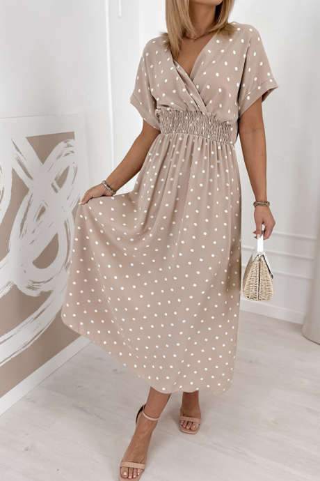 Beige Polka Dot Short Sleeve Wrap V Neck Midi Dress