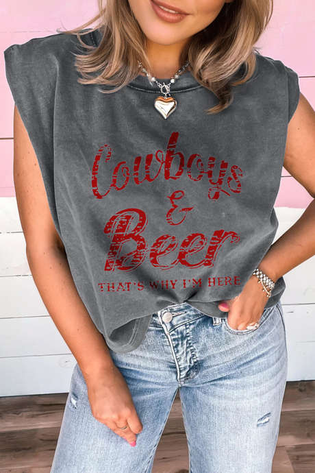 Sleet Cowboy & Beer Western Graphic Mineral Wash Tank Top na may Kulay Kape