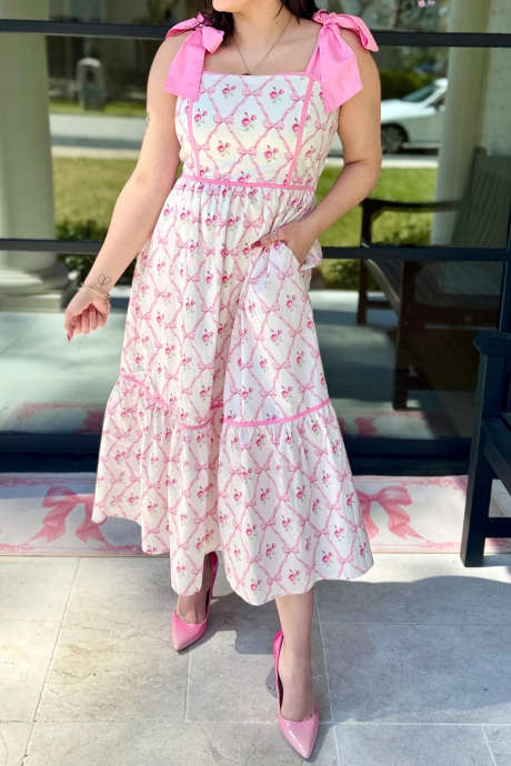 Pink Floral Bow Lattice Printed Midi Dress