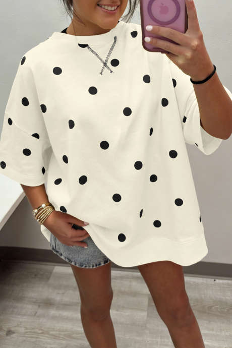 Μπεζ oversize μπλουζάκι με σταυρωτή ραφή και στάμπες σε πουά χρώμα