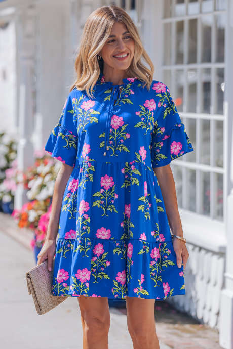 Blue V Neck Short Sleeve Loose Flower Dress