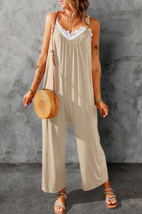 Apricot Spaghetti Straps Wide Leg Pocketed Jumpsuits