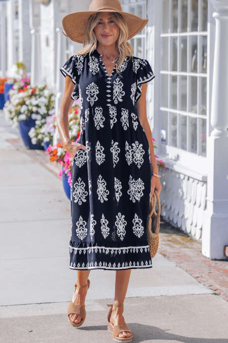 Blue Western Ethnic Print Notched Neck Short Sleeve Midi Dress