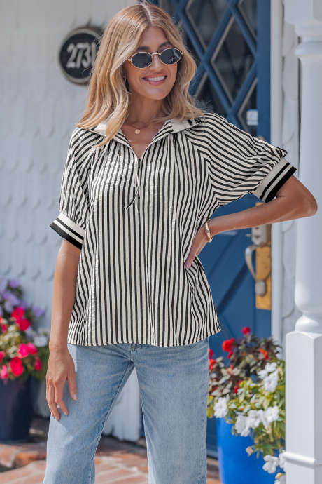 Black Stripe Polo Collar Half Zip Short Puff Sleeve Blouse LC25134590-P219