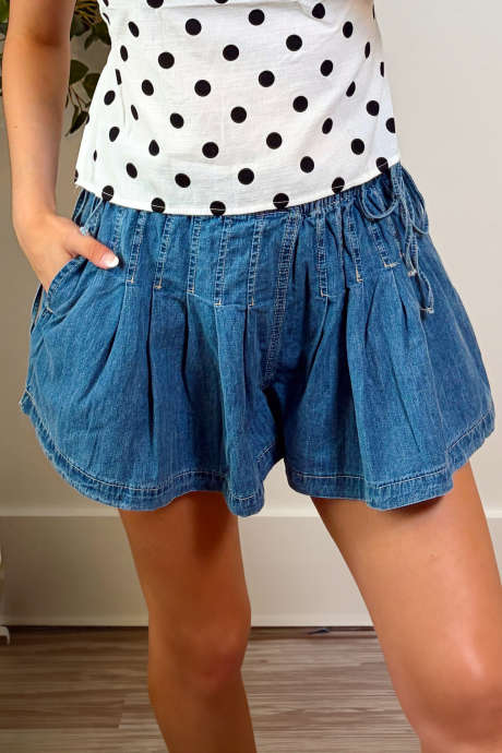 Dusk Blue Pintuck Elastic Waist Ruched Denim Loose Shorts