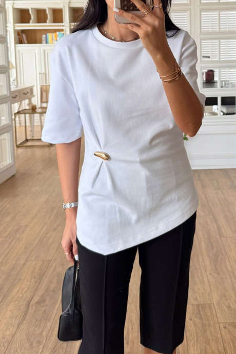 White Metal Pinched Detail Short Sleeve Top