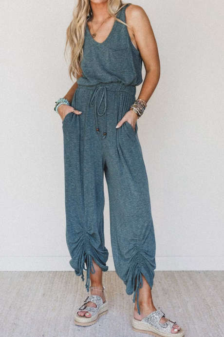 Sea Green Button Keyhole Tank Drawstring Cinched Jumpsuit