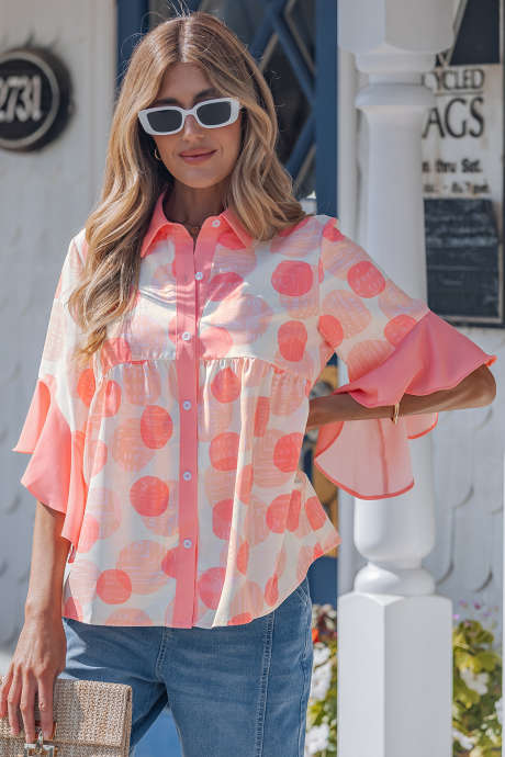 Pink Double Polka Dot Printed Ruffle Trim Short Sleeve Babydoll Shirt