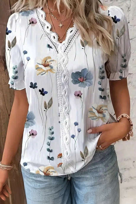 White Floral Print Contrast Lace Puff Sleeve Short Sleeve Top