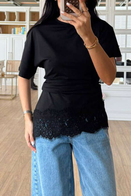 Black Lace Splicing Asymmetric Hem Slim T Shirt