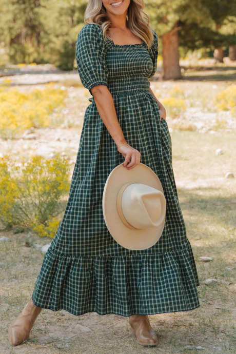 Rochie verde în carouri, cu guler pătrat, mânecă scurtă, croială evazată, lungă, casual, de zi cu zi, dintr-o bucată