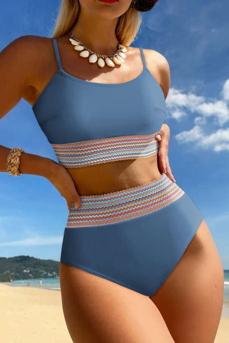 Skumringblå fargerik sømkantdetalj 2 stk. bikini med høy midje LC434623-P704
