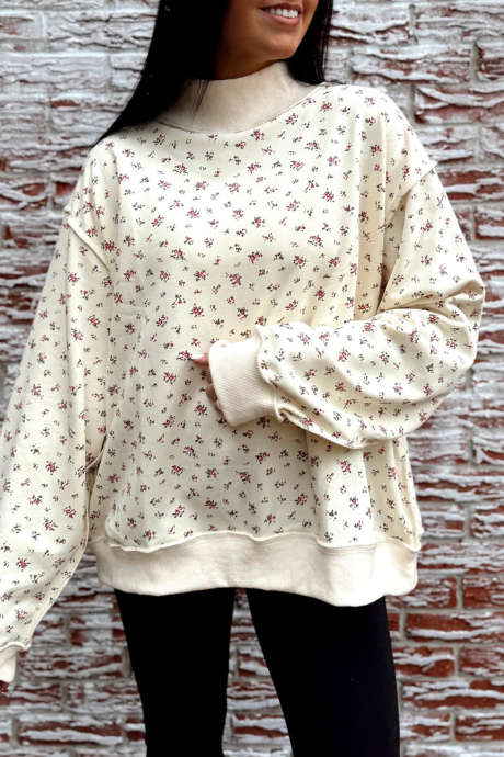 Beige Floral Print Exposed Seam High Neck Casual Sweatshirt