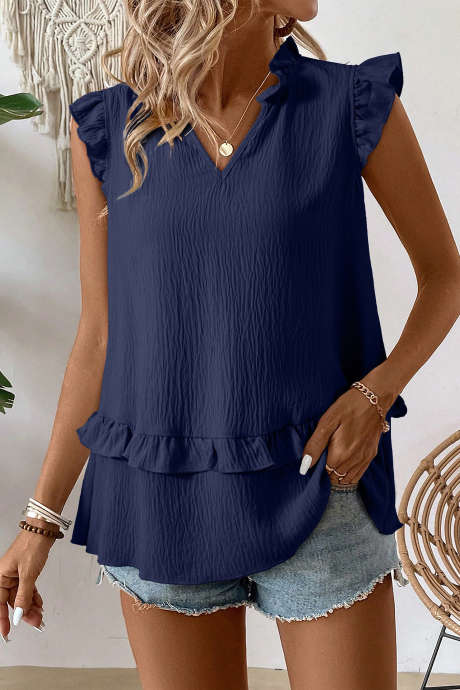 Canotta blu navy con scollo a V e volant LC25613548-P605