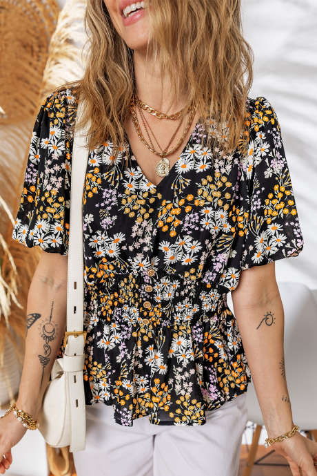 Black Floral Print V Neck Smocked Babydoll Blouse