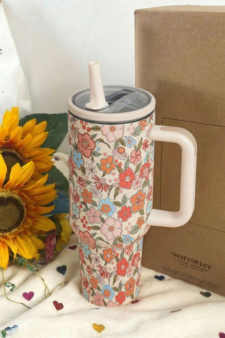Cana de călătorie cu un singur mâner, cu imprimeu floral, albă, din paie, cu fermoar