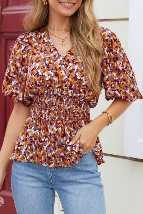 Brun abstrakt trykk V-hals smocked babydoll-bluse LC25129300-P1720