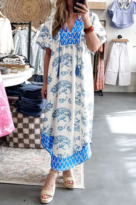 Himmelblå Plus Size Blomsterprint Kontrast Boho Patchwork V-hals Løs Midikjole