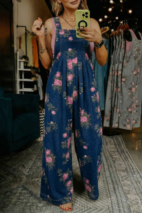 Blue Beau Floral Print Pleated High Waist Wide Leg Denim Jumpsuit