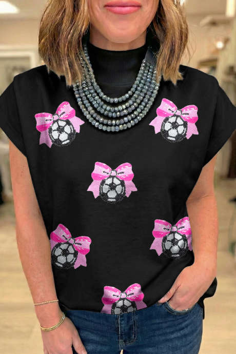 Svart paljett- og sløyfefotballtopp med høy hals og korte ermer