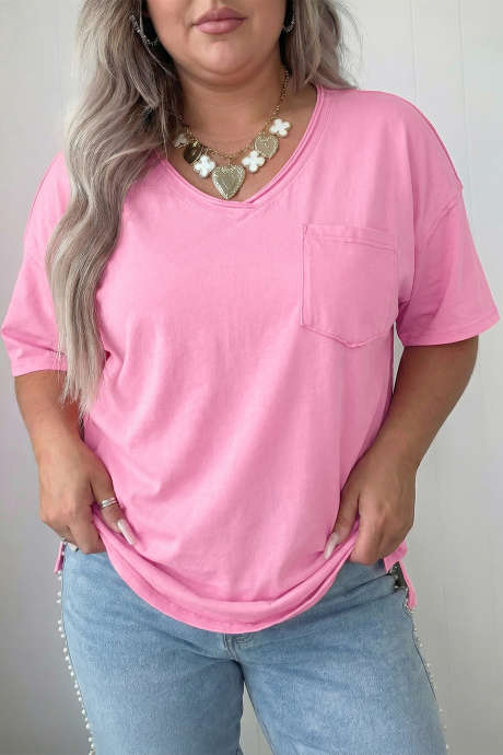 Sachet Rosa Plus Size Mineral Wash Rå Kant Rund Hals T-skjorte