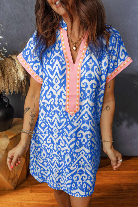 Blue Western Fashion Print Striped Color Block Patchwork Shift Mini Dress