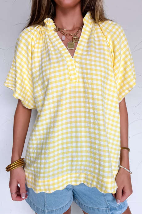 Yellow Cream Gingham Plaid Notched Neck & Scalloped Hem Blouse
