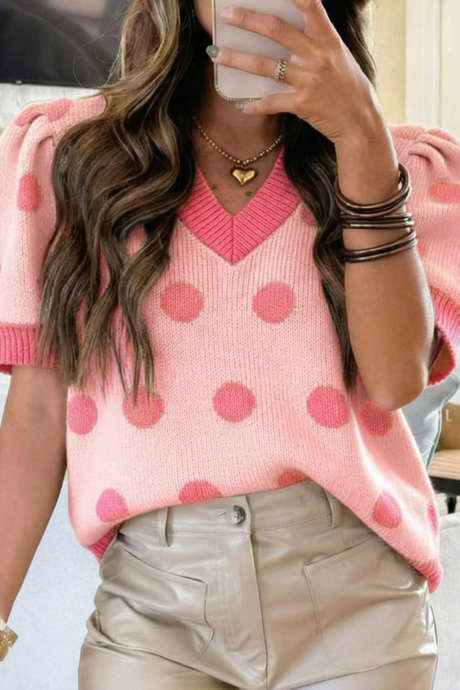 Rose Red Polka Dot Puff Short Sleeve Sweater Top LC2771540-P622
