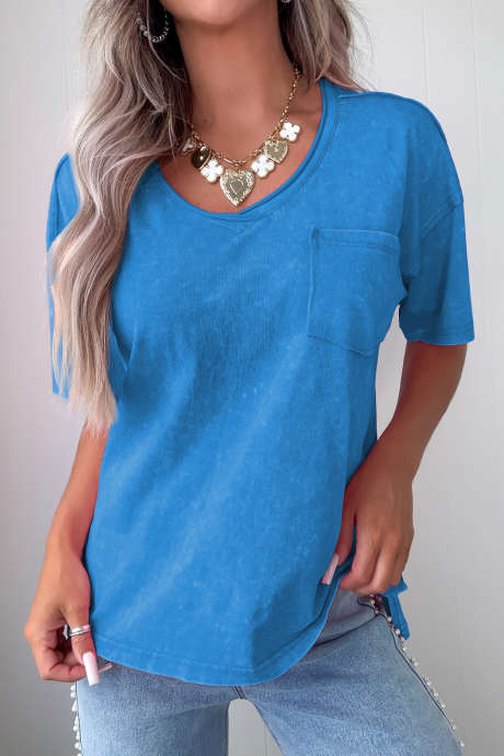 T-shirt bleu en coton délavé LC25230399-P305