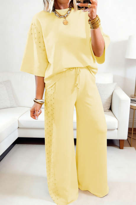 Yellow Cream Solid Color Eyelet Lace Patchwork Oversize Tee Drawstring Loose Pants 2pcs Outfit