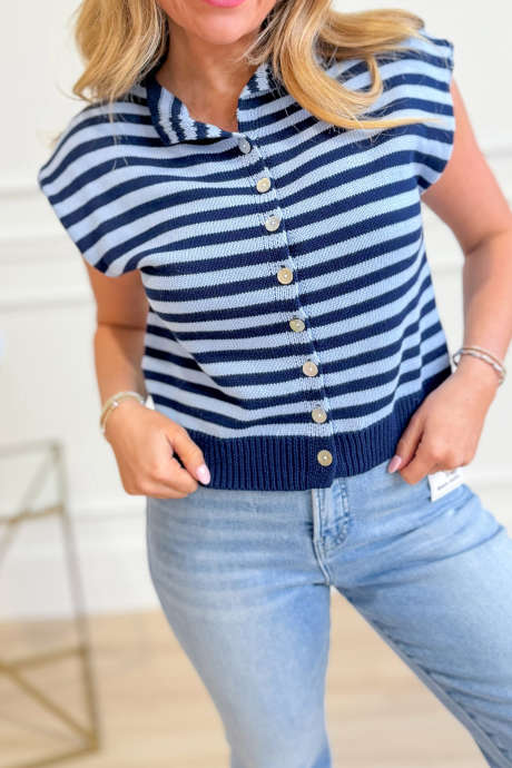Blå stripete løs ermeløs gensercardigan med knapper