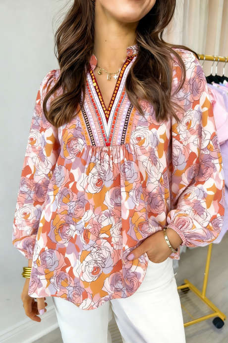 Pink Floral V-Neck Embroidered Peasant Blouse