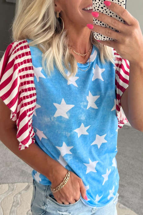 Nebesky modrý vintage top s hvězdným potiskem a pruhovanými rukávy k Dni nezávislosti
