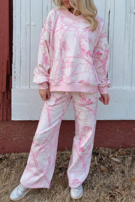 Setelan Celana Lengan Panjang Leher V Motif Tanaman Abstrak Warna Pink LC629637-P1020