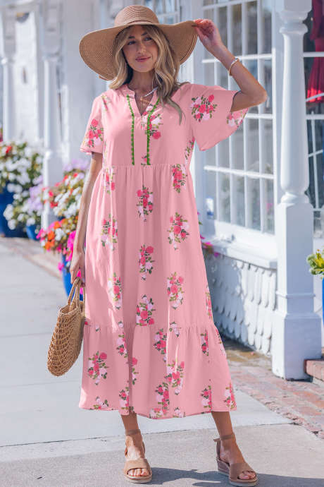 Pink Notched Neck Flutter Short Sleeve Floral Print Maxi Dress