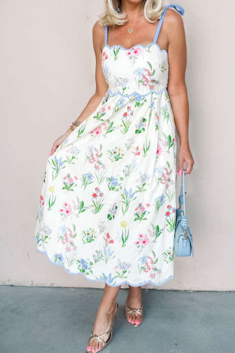 Beige Floral Print Contrast Trim Self-tie Straps High Waist Midi Dress