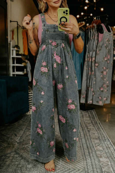Gray Beau Floral Print Pleated High Waist Wide Leg Denim Jumpsuit