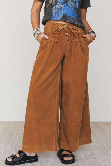 Thai Curry Casual Wide Leg Corduroy Pants na may Elastic Baywang na Kahoy na may Butones at Bukong-bukong na Pantalon